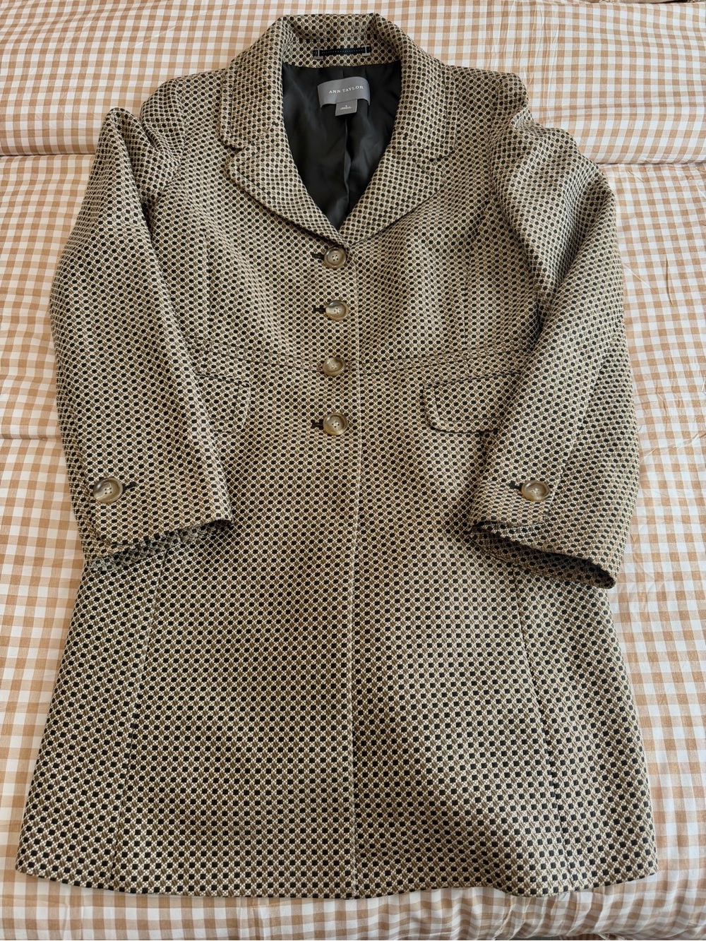 VTG Ann Taylor cotton brown and beige geometric patterned pea coat